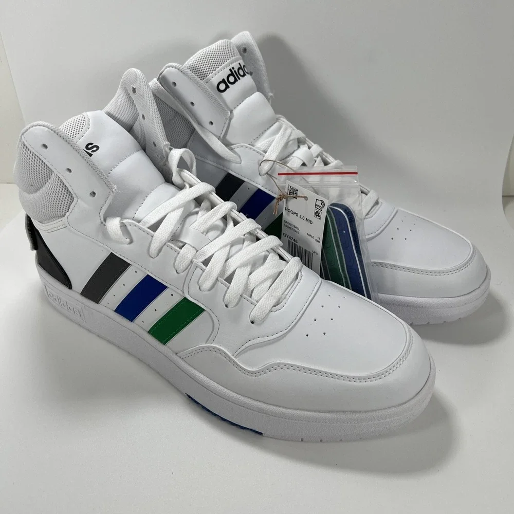 NEW adidas Men's 11.5 Hoops 3.0 Mid Basketball Shoe White/Green/Team Royal Blue - Picture 1 of 16